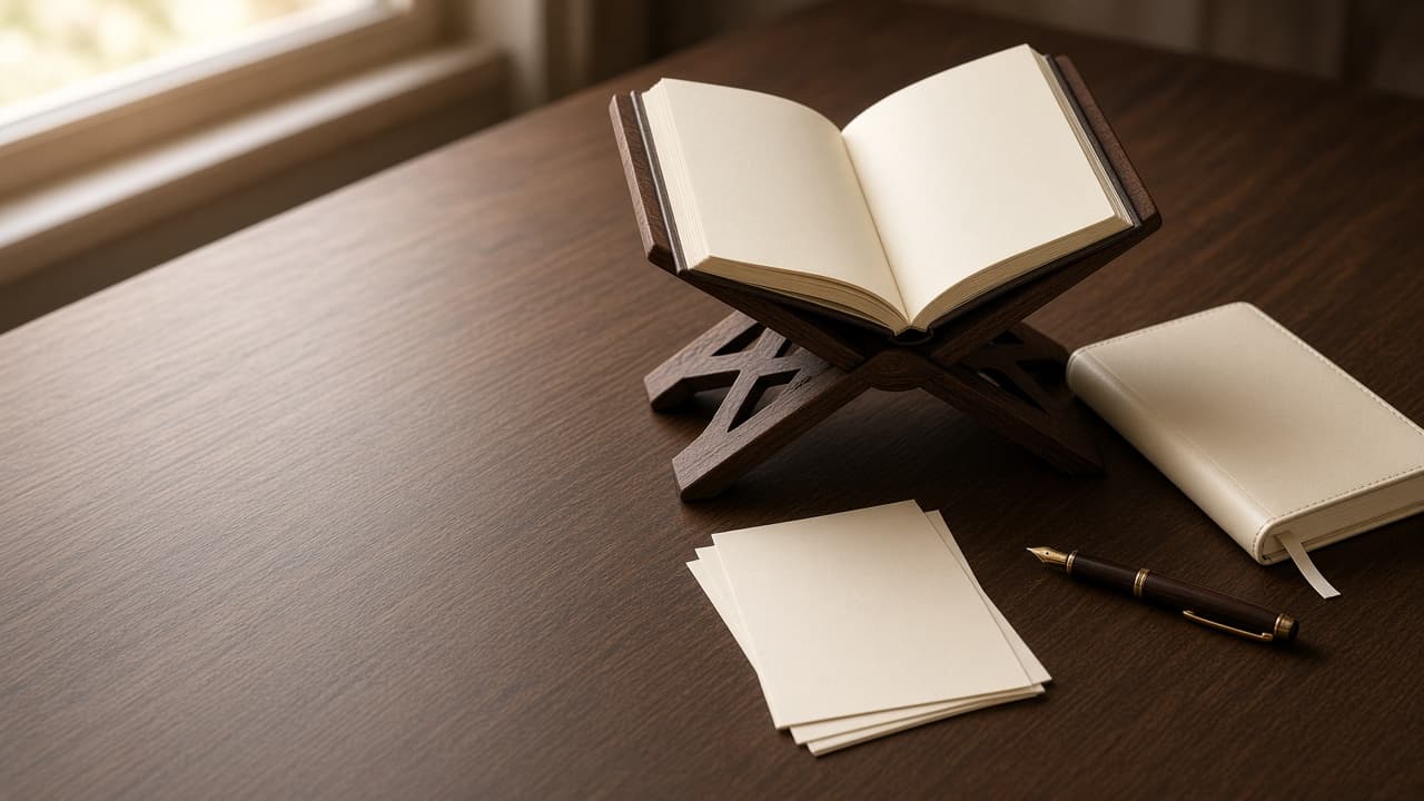 Open Quran on a wooden rehal beside beginner Arabic vocabulary study materials
