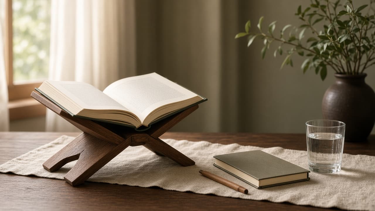 Quran and study materials arranged for daily reading practice