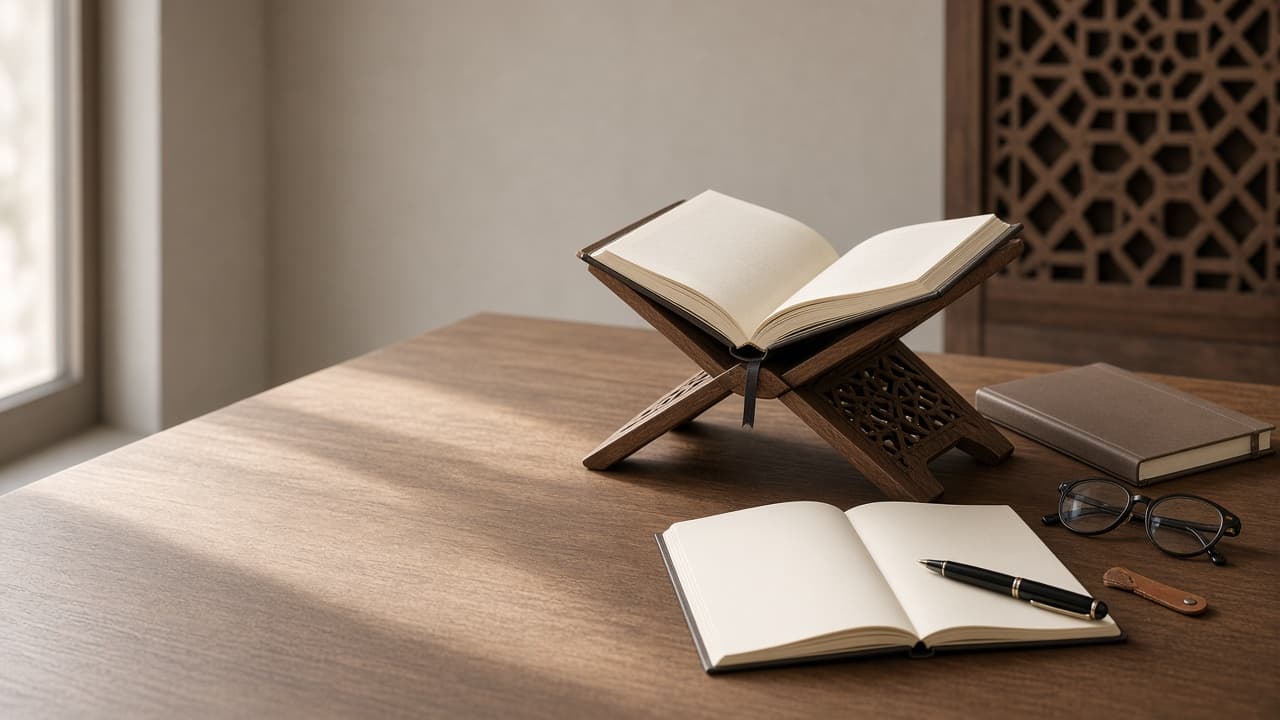 Open Quran on a wooden rehal representing Quran study and understanding