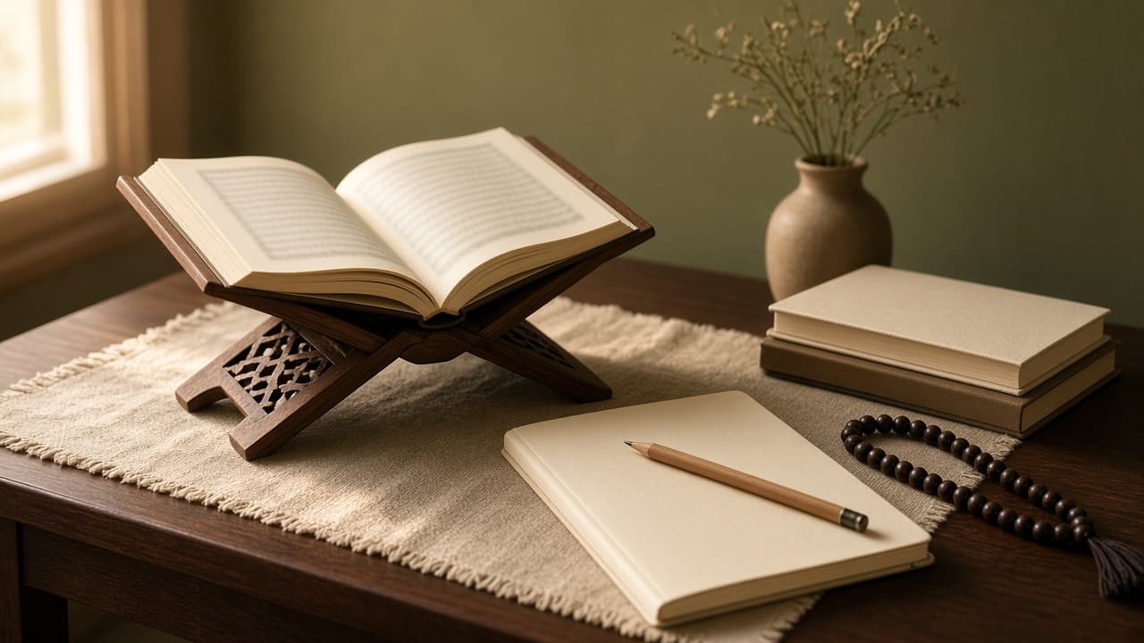 Quran and Tajweed study materials arranged for a regular learning routine