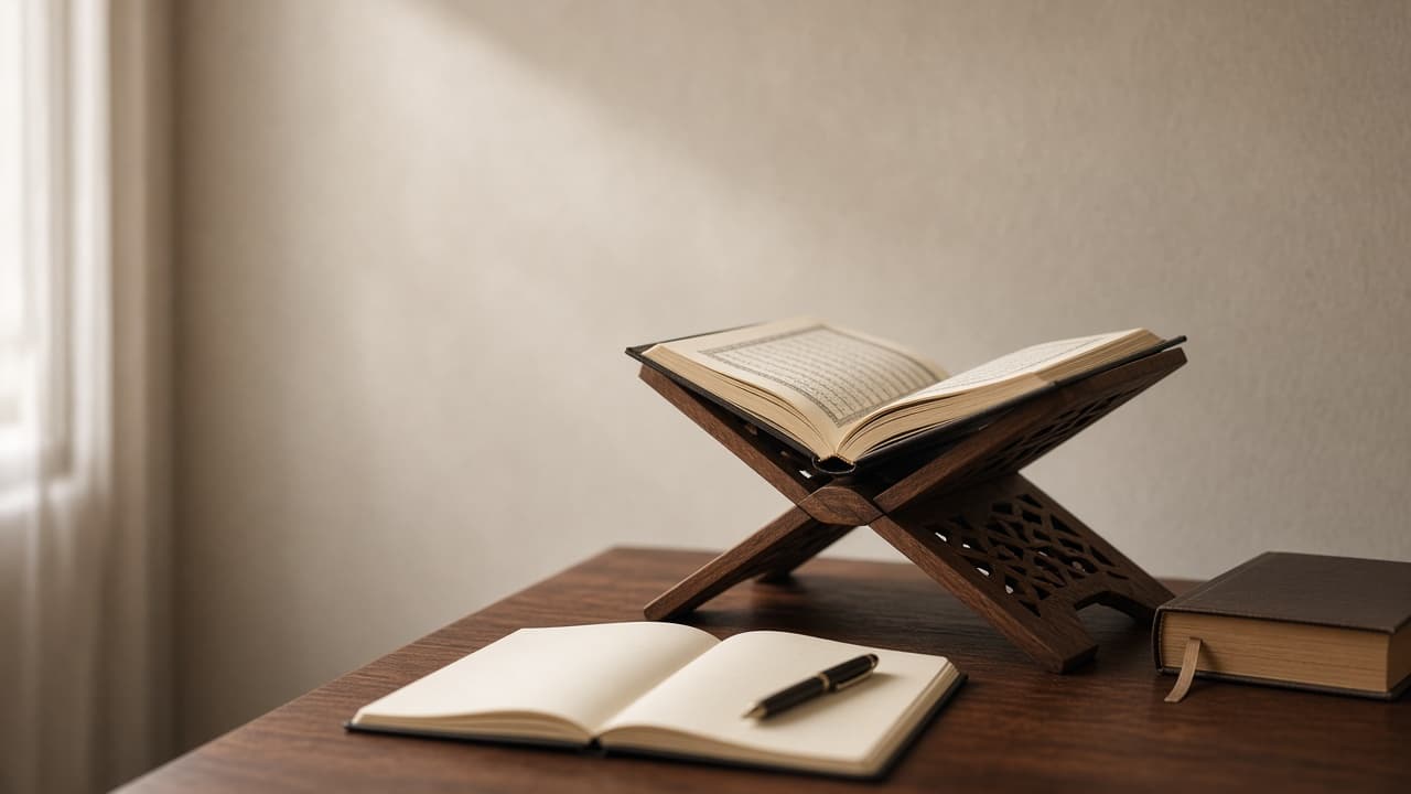 How to study the Quran for beginners with a Quran, notebook, and study materials
