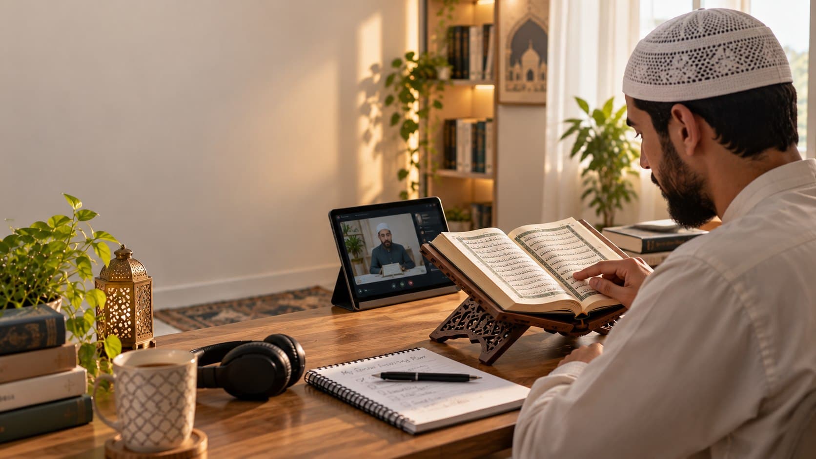 Adult learner practising Quran recitation at home