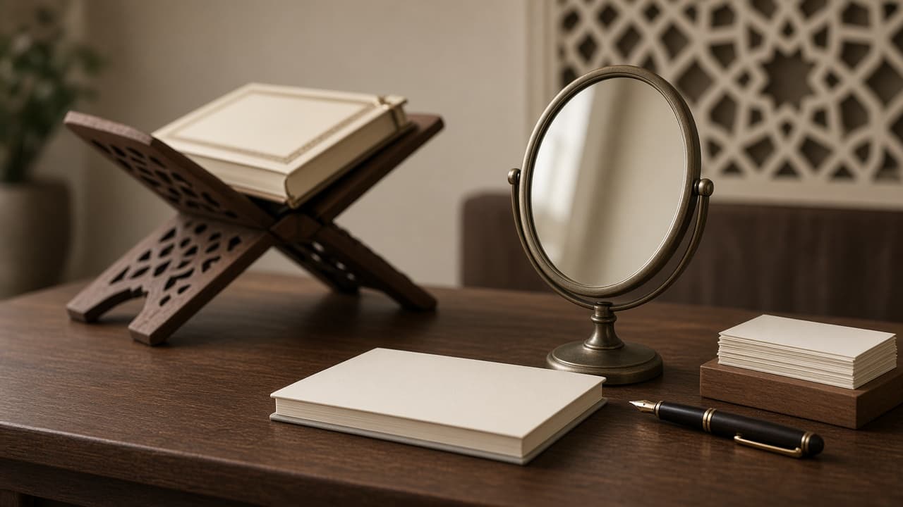 Study desk with a small mirror, primer, and Quran on a rehal for letter-pronunciation practice