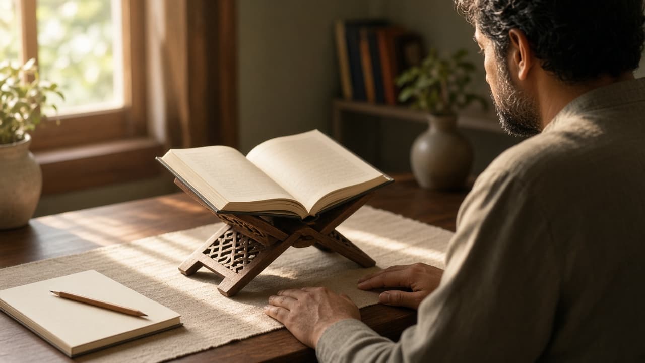Adult learner studying Quran reading at home with a Quran and learning notebook