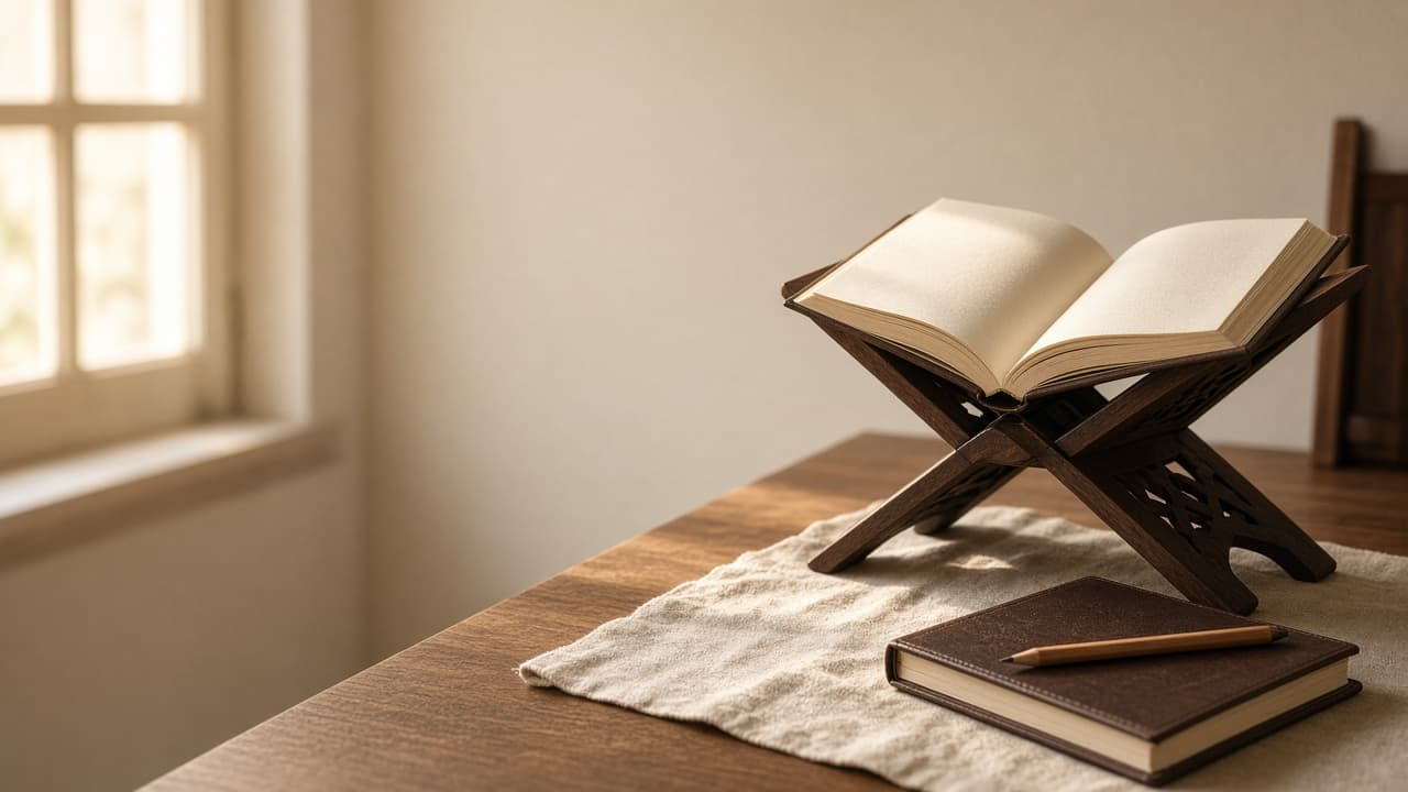 Open Quran on a wooden rehal beside a study notebook in calm natural light