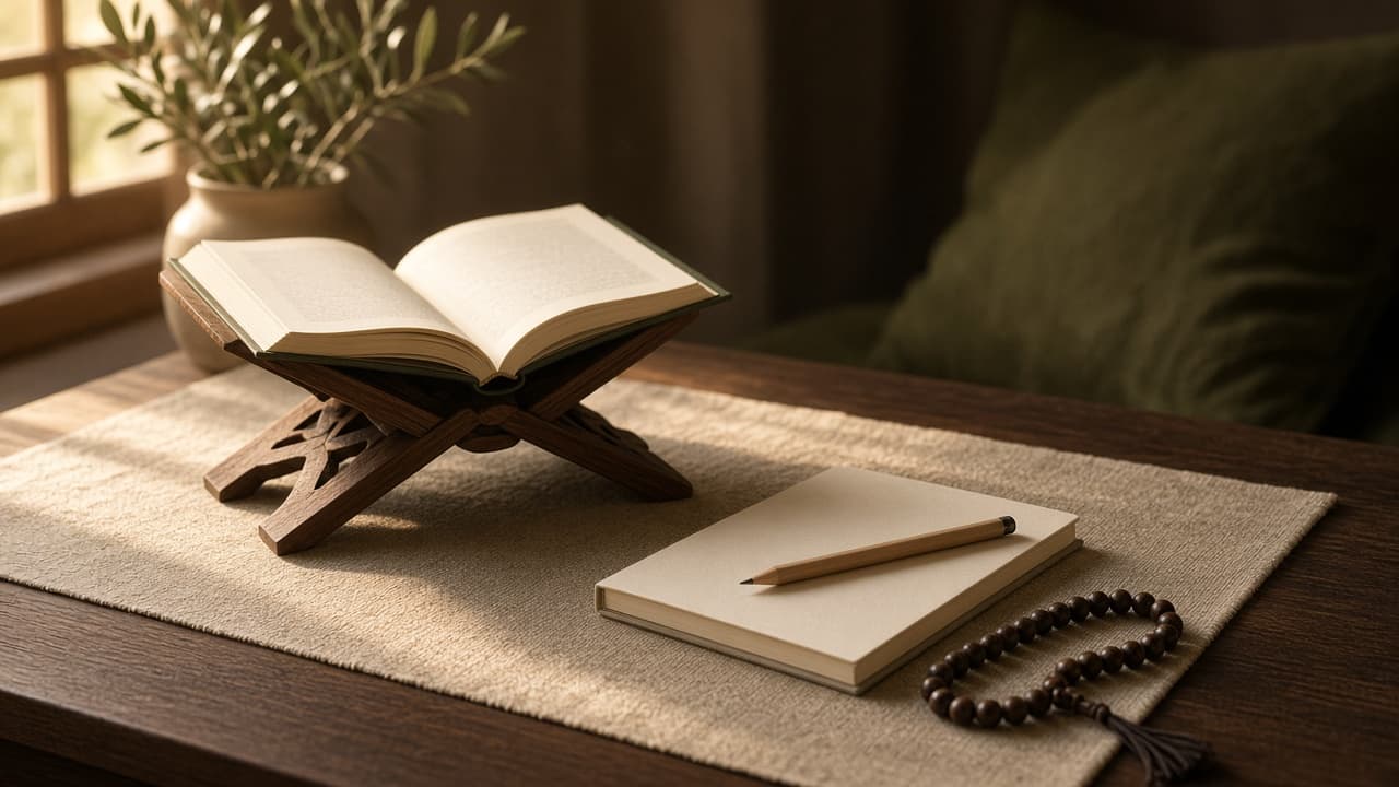 Quran on a wooden rehal beside a blank notebook and prayer beads for structured Tajweed study