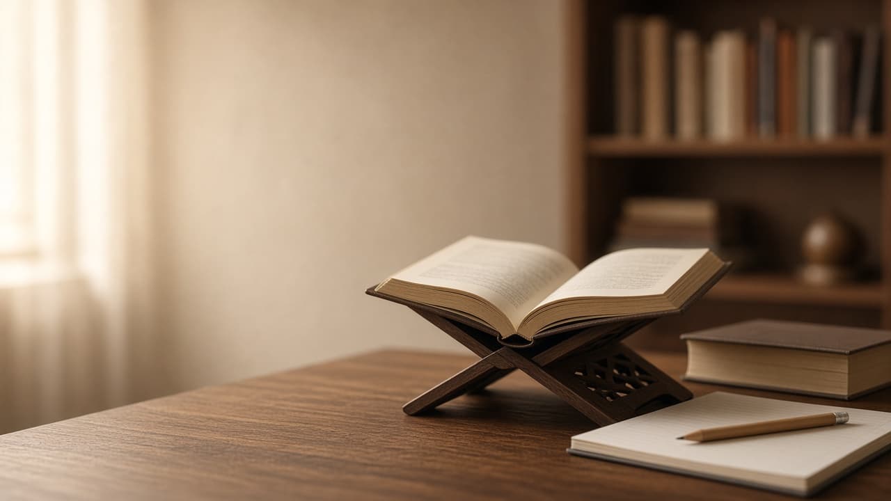 Open Quran beside translation and study materials in a quiet learning space