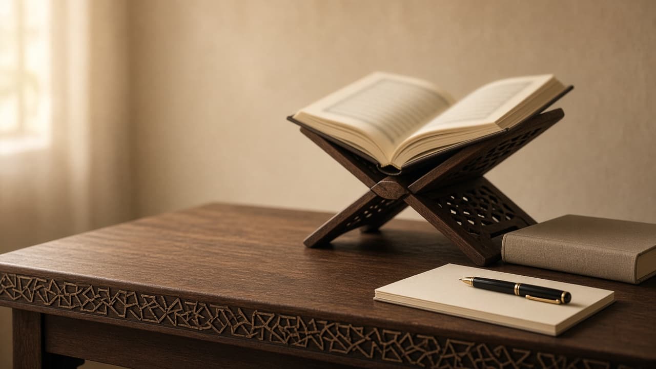 Open Quran on a wooden rehal beside a closed reference book and study notebook