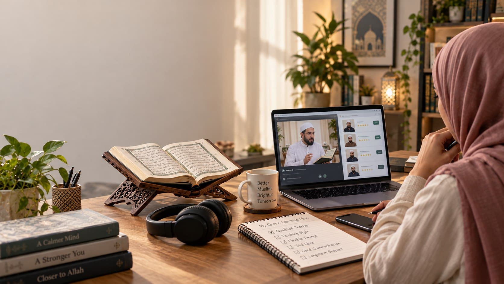 Adult learner choosing an online Quran teacher during a virtual lesson
