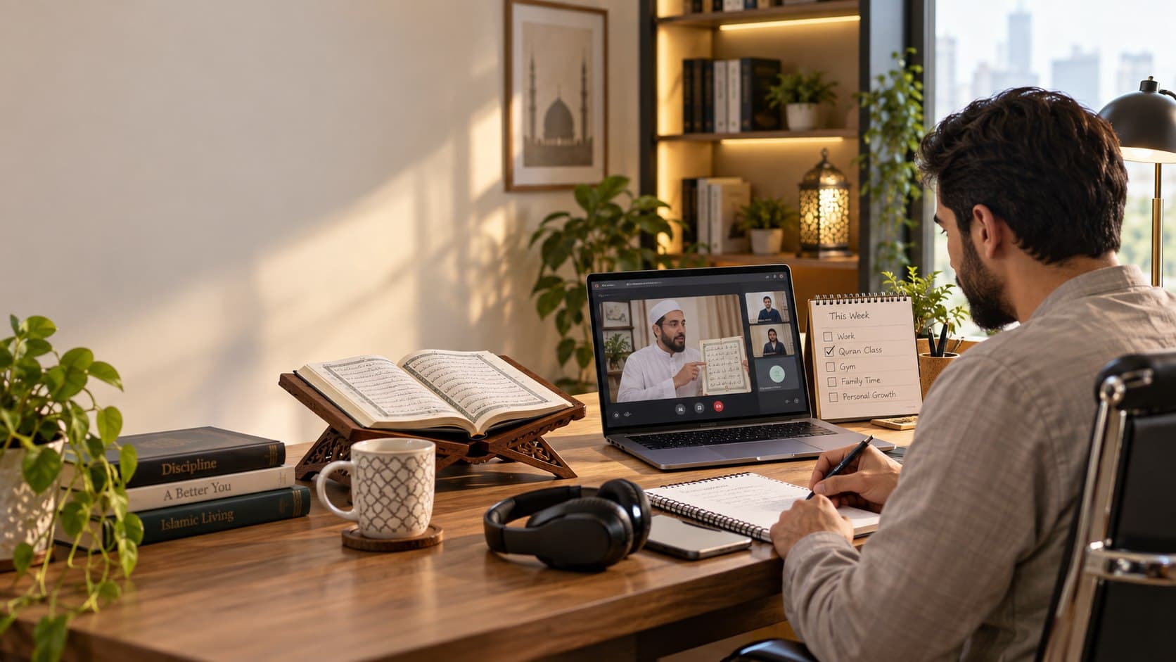 Adult learning Quran online at a home study desk