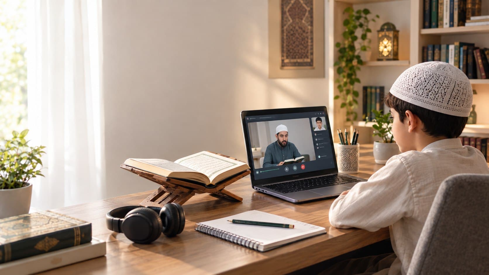 Child attending an online Quran class from home