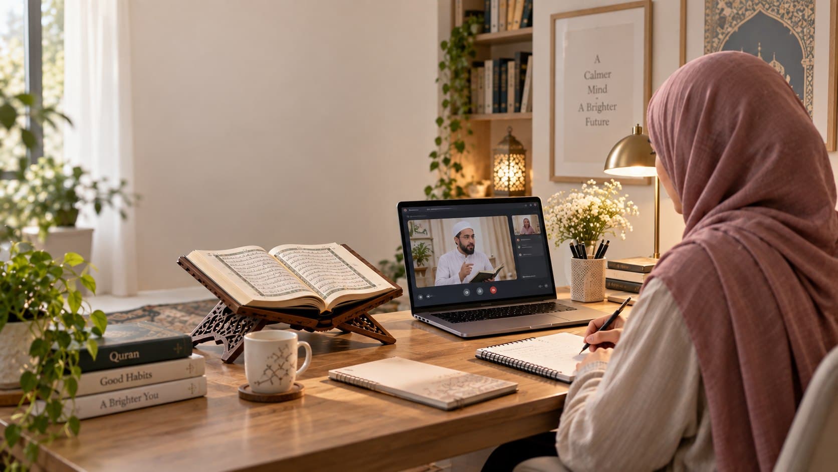 Woman attending an online Quran class from home