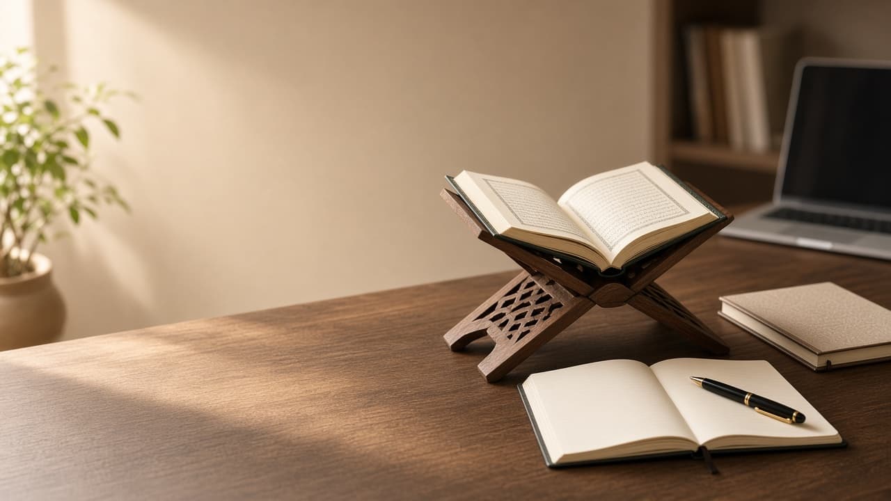 Open Quran, notebook, and study materials on a desk for adult home study